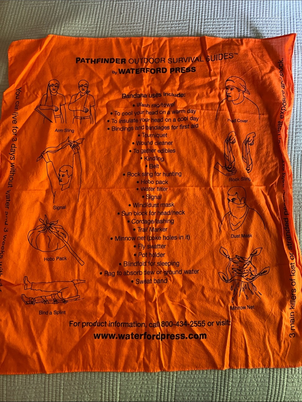 Survival Prepper Bandana bright orange with emergency safety info hiking camping